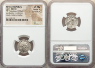 Anonymous. Ca. 211-208 BC. AR victoriatus (18mm, 3.37 gm, 6h). NGC Choice MS 5/5 - 4/5. Rome. Laureate head of Jupiter right; dotted border / ROMA, Vi...
