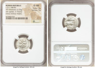 Anonymous. Ca. 211-208 BC. AR victoriatus (19mm, 3.33 gm, 3h). NGC Choice MS 4/5 - 5/5. Rome. Laureate head of Jupiter right; dotted border / ROMA, Vi...