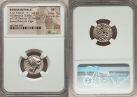 Titus Manlius Mancinus, Appius Claudius Pulcher, and Q. Urbinius, moneyers (111-110 BC). AR denarius (18mm, 3.80 gm, 9h). NGC XF 5/5 - 4/5. Rome. Head...