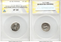 Divus Julius Caesar (49-44 BC). AR denarius (19mm, 12h). ANACS VF 30, corroded, scratched. Rome, 40 BC. Q. Voconius Vitulus, moneyer. DIVI•IVLI, laure...