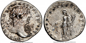 Trajan (AD 98-117). AR denarius (18mm, 5h). NGC XF. Rome, AD 103-111. IMP TRAIANO AVG GER DAC P M TR P, laureate bust of Trajan right, with slight dra...