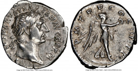 Trajan (AD 98-117). AR denarius (19mm, 6h). NGC Choice VF. Rome, AD 101-102. IMP CAES NERVA TRA-IAN AVG GERM, laureate bust of Trajan right, drapery o...