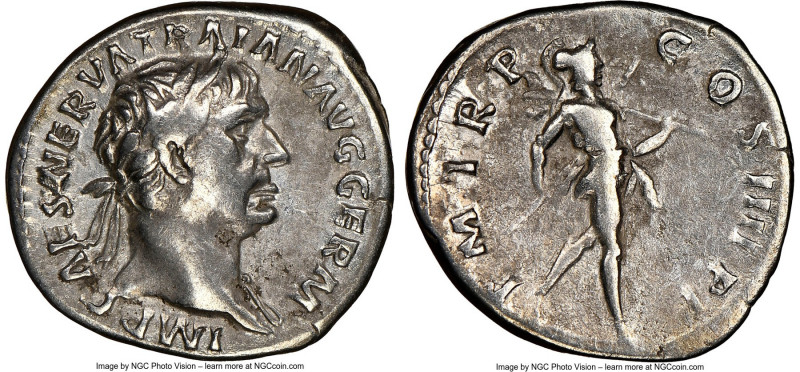Trajan (AD 98-117). AR denarius (18mm, 5h). NGC VF. Rome, AD 101-102. IMP CAES N...