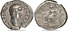 Aelius Caesar (AD 136-138). AR denarius (19mm, 5h). NGC Choice Fine. Rome, AD 137. L AELIVS-CAESAR, bare head of Aelius right / TR POT-COS II, Concord...