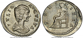 Julia Domna (AD 193-217). AR denarius (19mm, 2.95 gm, 12h). NGC MS 3/5 - 4/5. Laodicea, AD 196-202. IVLIA-AVGVSTA, draped bust of Julia Domna right, s...