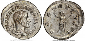 Maximinus I (AD 235-238). AR denarius (21mm, 12h). NGC AU, brushed. Rome, March AD 235-January AD 236. IMP MAXIMINVS PIVS AVG, laureate, draped and cu...