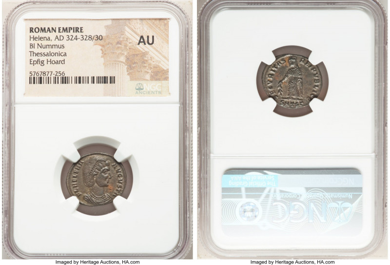 Helena (AD 324-328/30). AE3 or BI nummus (19mm, 6h). NGC AU. Thessalonica, 3rd o...