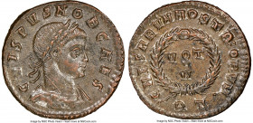 Crispus, as Caesar (AD 316-326). AE3 or BI nummus (20mm, 6h). NGC Choice AU. Rome, 3rd officina, AD 320-321. CRIS-PVS NOB CAES, laureate, draped, cuir...