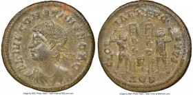 Constans, as Caesar (AD 337-350). BI Nummus (18mm, 11h). NGC Choice AU. Aquileia, 2nd officina, AD 333-336. FL CONSTANS NOB CAES, laureate, draped and...