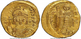 Maurice Tiberius (AD 582-602). AV solidus (21mm, 4.27 gm, 6h). NGC MS 4/5 - 2/5, brushed, marks. Antioch, uncertian officina. o N mAVRC-TIb PP AVG, dr...