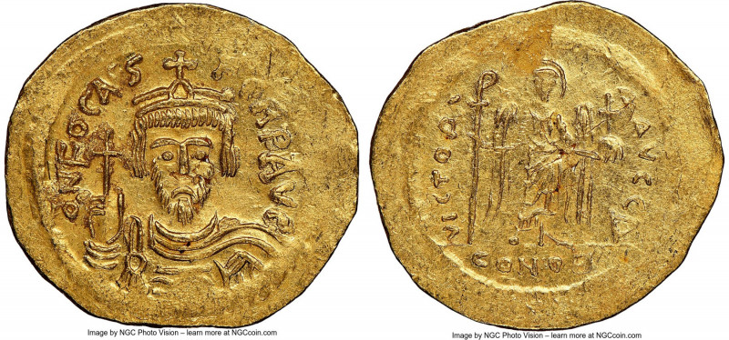 Phocas (AD 602-610). AV solidus (23mm, 7h). NGC Choice AU, flan flaws, scratch. ...