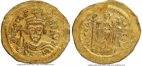 Phocas (AD 602-610). AV solidus (23mm, 7h). NGC Choice AU, flan flaws, scratch. Constantinople, 4th officina, AD 607-609. o N FOCAS-PЄRP AVG, crowned,...