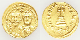 Heraclius (AD 610-641), and Heraclius Constantine. AV solidus (21mm, 4.44 gm, 6h). XF, die shift. Constantinople, uncertain officina, AD 629-631. dd N...