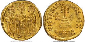 Heraclius (AD 632-641), with Heraclius Constantine and Heraclonas. AV solidus (20mm, 4.44 gm, 7h). NGC MS 5/5 - 4/5, clipped. Constantinople, 1st offi...