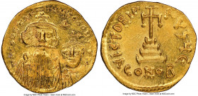 Constans II Pogonatus (AD 641-668), and Constantine IV. AV solidus (20mm, 4.49 gm, 7h). NGC MS 5/5 - 4/5, marks. Constantinople, 5th officina. ca. AD ...