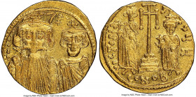 Constans II Pogonatus (AD 641-668), with Constantine IV, Heraclius and Tiberius. AV solidus (20mm, 7h). NGC AU, graffito. Constantinople, 9th officina...