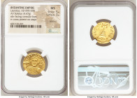 Leontius (AD 695-698). AV solidus (20mm, 4.47 gm, 7h). NGC MS 5/5 - 3/5, brushed. Constantinople, 6th officina. D LЄO-N PЄ AV, bust of Leontius facing...