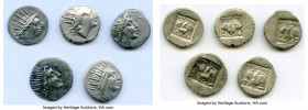 ANCIENT LOTS. Greek. Carian Islands. Rhodes. Ca. 88-84 BC. Lot of five (5) AR drachms. VF-XF. Includes: (5) Plinthophoric standard, AR drachms. Variou...