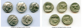 ANCIENT LOTS. Greek. Carian Islands. Rhodes. Ca. 88-84 BC. Lot of five (5) AR drachms. VF-XF. Includes: (5) Plinthophoric standard, AR drachms. Variou...