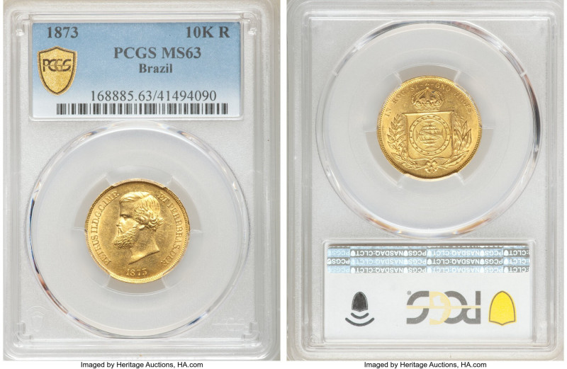 Pedro II gold 10000 Reis 1873 MS63 PCGS, Rio de Janeiro mint, KM467. AGW 0.2643 ...