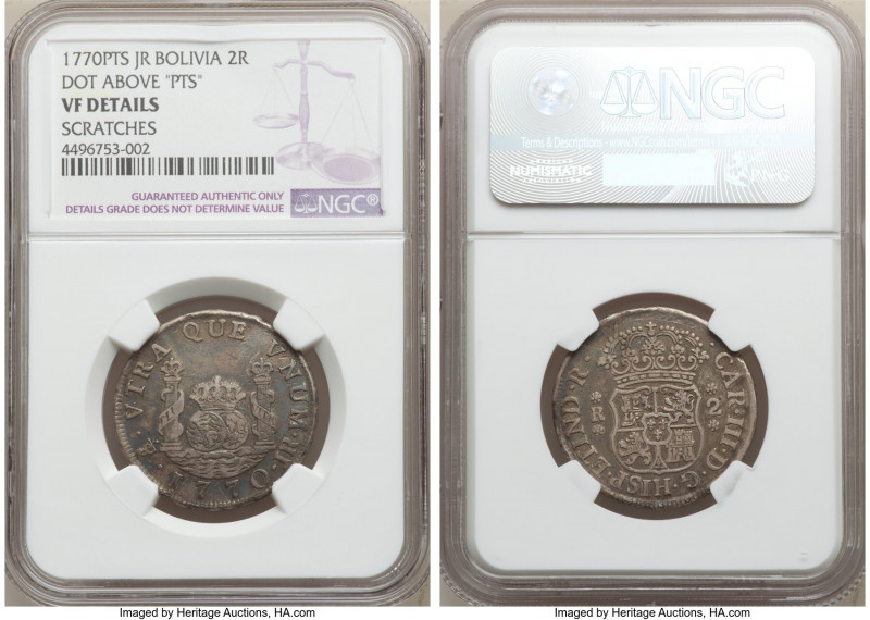 Charles III 2 Reales 1770 PTS-JR VF Details (Scratches) NGC, Potosi mint, KM48. ...