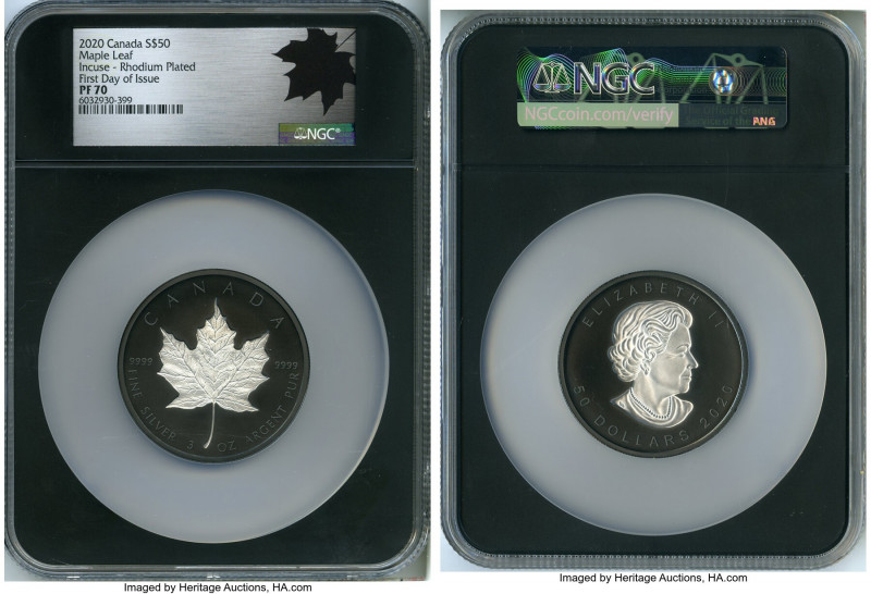 Elizabeth II rhodium plated silver Proof "Incuse Maple Leaf" 50 Dollars 2020 PR7...