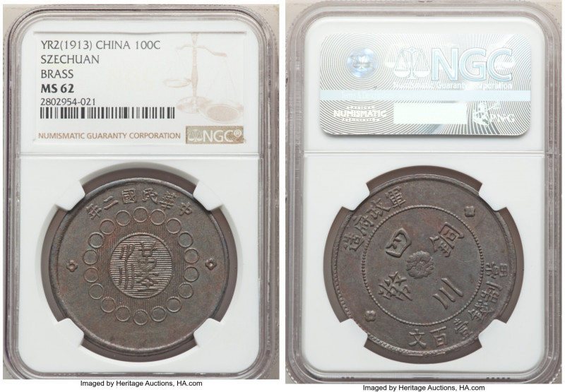 Szechuan. Republic 100 Cash Year 2 (1913) MS62 NGC, KM-Y451. Holder marked brass...