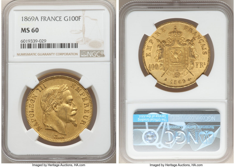 Napoleon III gold 100 Francs 1869-A MS60 NGC, Paris mint, KM802.1. AGW 0.9334 oz...