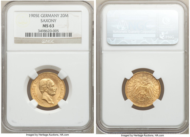 Saxony. Friedrich August III gold 20 Mark 1905-E MS63 NGC, Muldenhutten mint, KM...