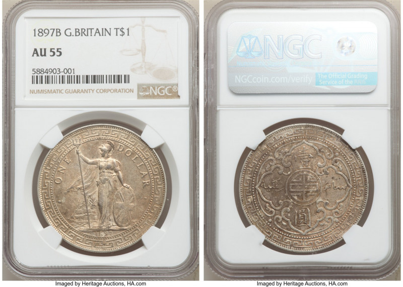 Victoria Trade Dollar 1897-B AU55 NGC, Bombay mint, KM-T5. Amber toned, minor ri...