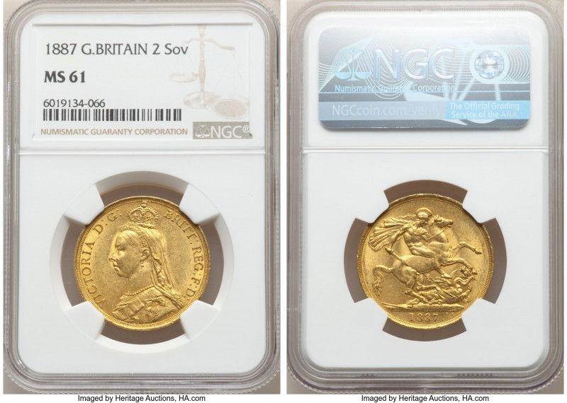 Victoria gold 2 Pounds 1887 MS61 NGC, KM768, S-3865. AGW 0.4710 oz. 

HID09801...