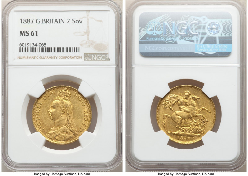 Victoria gold 2 Pounds 1887 MS61 NGC, KM768, S-3865. AGW 0.4710 oz. 

HID09801...