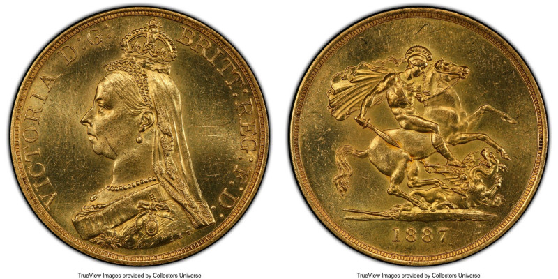 Victoria gold 5 Pounds 1887 MS62 PCGS, KM769, S-3864. AGW 1.1775 oz. 

HID0980...