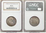 Charles IV 2 Reales 1795 NG-M MS62 NGC, Nueva Guatemala mint, KM51. Lavender gray and brown toning with underlying reflective surfaces. 

HID0980124...