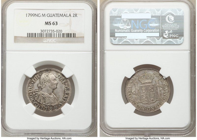 Charles IV 2 Reales 1799 NG-M MS63 NGC, Nueva Guatemala mint, KM51. Charcoal and...