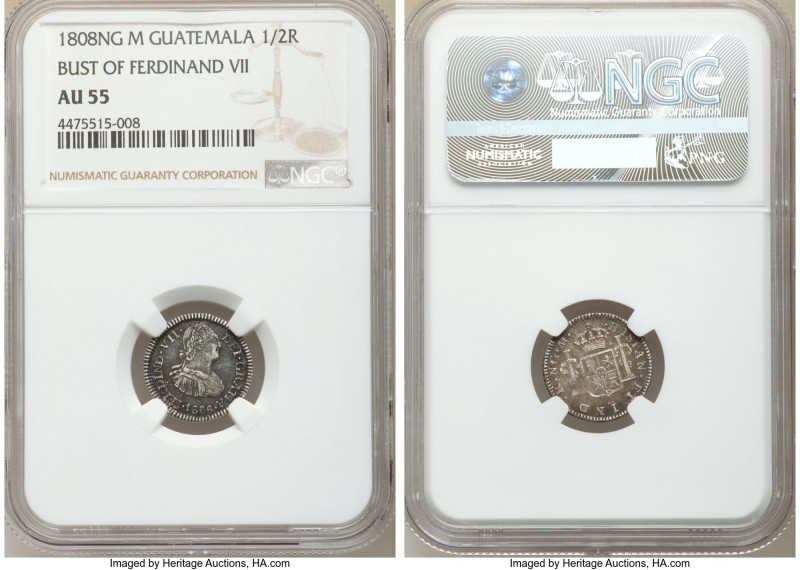Ferdinand VII 1/2 Real 1808 NG-M AU55 NGC, Nueva Guatemala mint, KM65. Argent an...