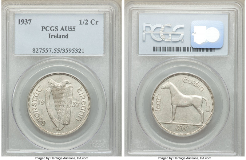 Free State 1/2 Crown 1937 AU55 PCGS, Royal mint, KM8. Mintage: 40,000. Last year...
