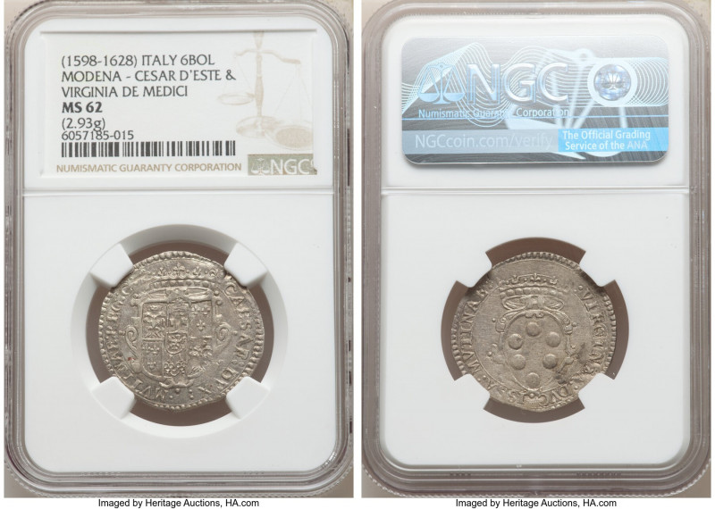 Modena. Cesar d'Este & Virginia de Medici 6 Bolognini ND (1598-1628) MS62 NGC, 2...