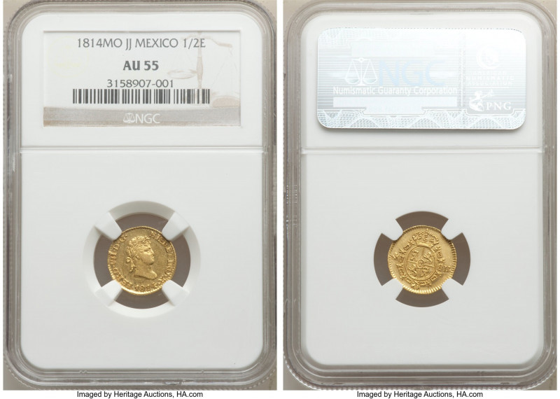 Ferdinand VII gold 1/2 Escudo 1814 Mo-JJ AU55 NGC, Mexico City mint, KM112. Shim...