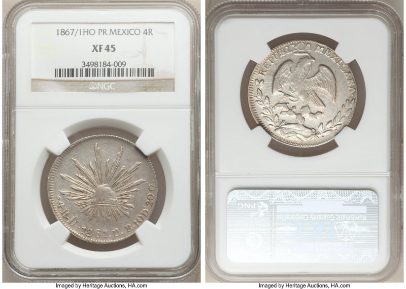 Republic 4 Reales 1867/1 Ho-PR XF45 NGC, Hermosillo mint, KM375.5. Scarce two ye...