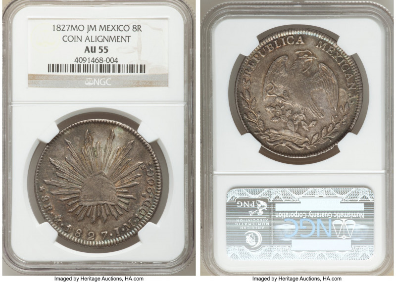 Republic 8 Reales 1827 Mo-JM AU55 NGC, Mexico City mint, KM377.10, DP-Mo06, Coin...