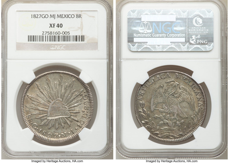 Republic 8 Reales 1827 Go-MJ XF40 NGC, Guanajuato mint, KM377.8, DP-Go06.

HID...