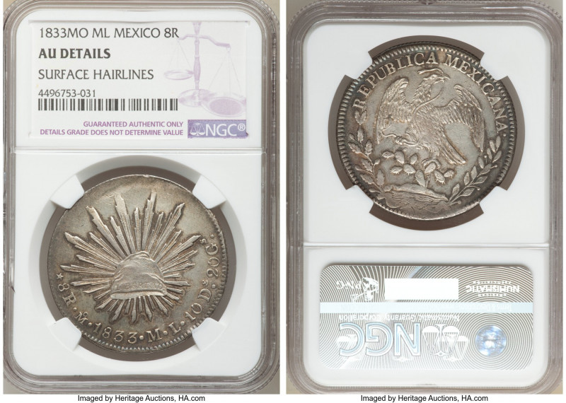 Republic 8 Reales 1833 Mo-ML AU Details (Surface Hairlines) NGC, Mexico City min...