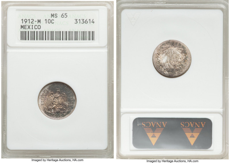 Estados Unidos 10 Centavos 1912-M MS65 ANACS, Mexico City mint, KM428. Cranberry...