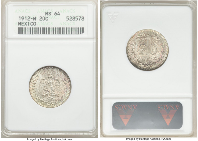 Estados Unidos 20 Centavos 1912-M MS64 ANACS, Mexico City mint, KM435. Pastel le...