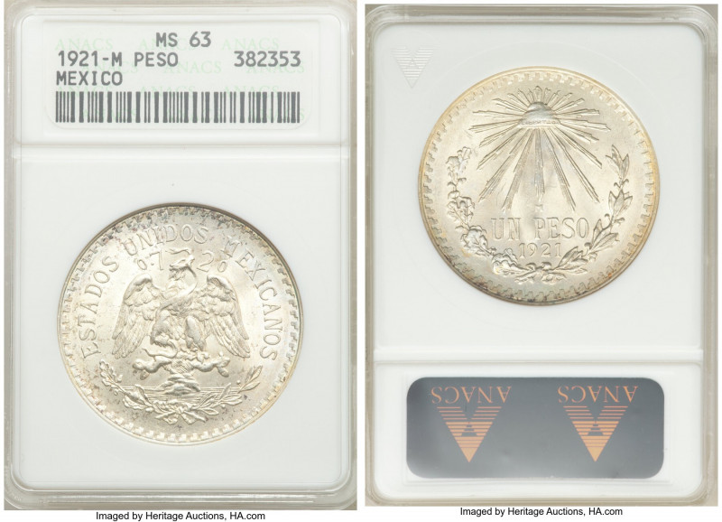 Estados Unidos Peso 1921-M MS63 ANACS, Mexico City mint, KM455. Pale gold toning...