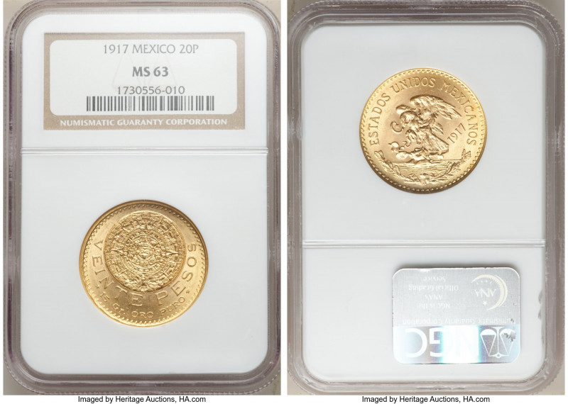 Estados Unidos gold 20 Pesos 1917 MS63 NGC, Mexico City mint, KM478. Gleaming mi...