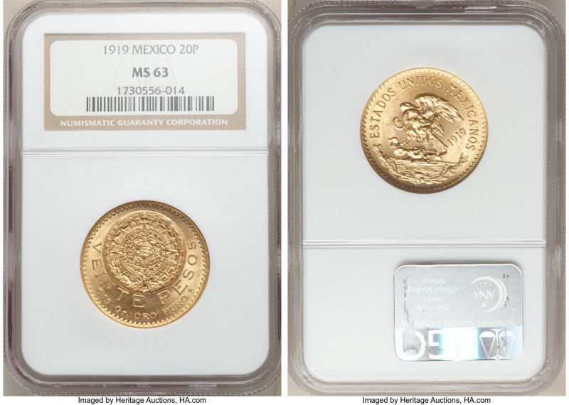 Estados Unidos gold 20 Pesos 1919 MS63 NGC, Mexico City mint, KM478. Aztec Calen...