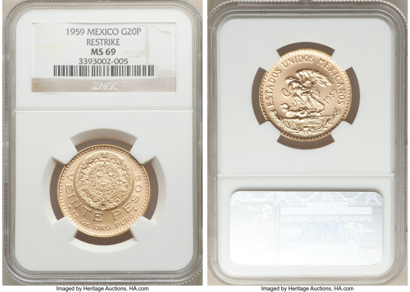 Estados Unidos gold Restrike 20 Pesos 1959 MS69 NGC, Mexico City mint, KM478. AG...