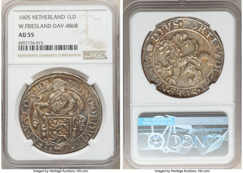 West Friesland. Provincial Lion Daalder 1605 AU55 NGC, KM12, Dav-4868. Recessed ...